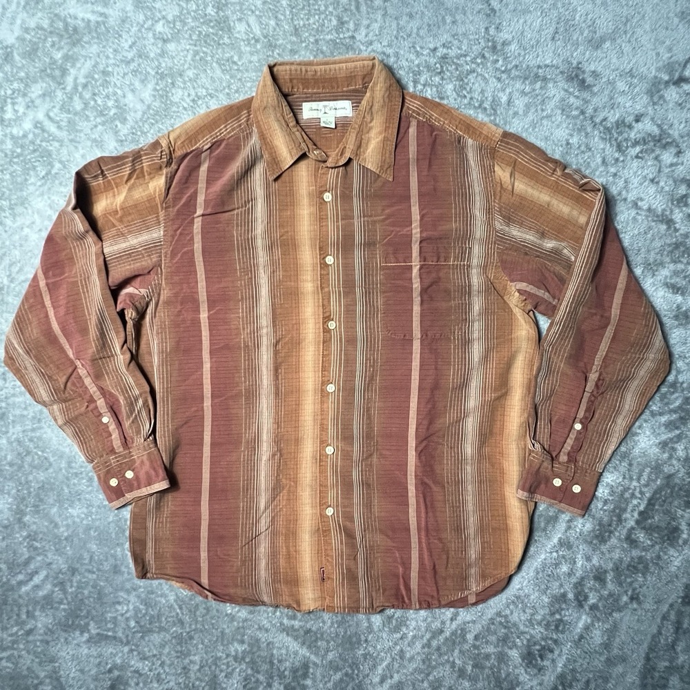 Tommy Bahama Mens Shirt L Button Up Coral Striped 100% Silk Long Sleeve